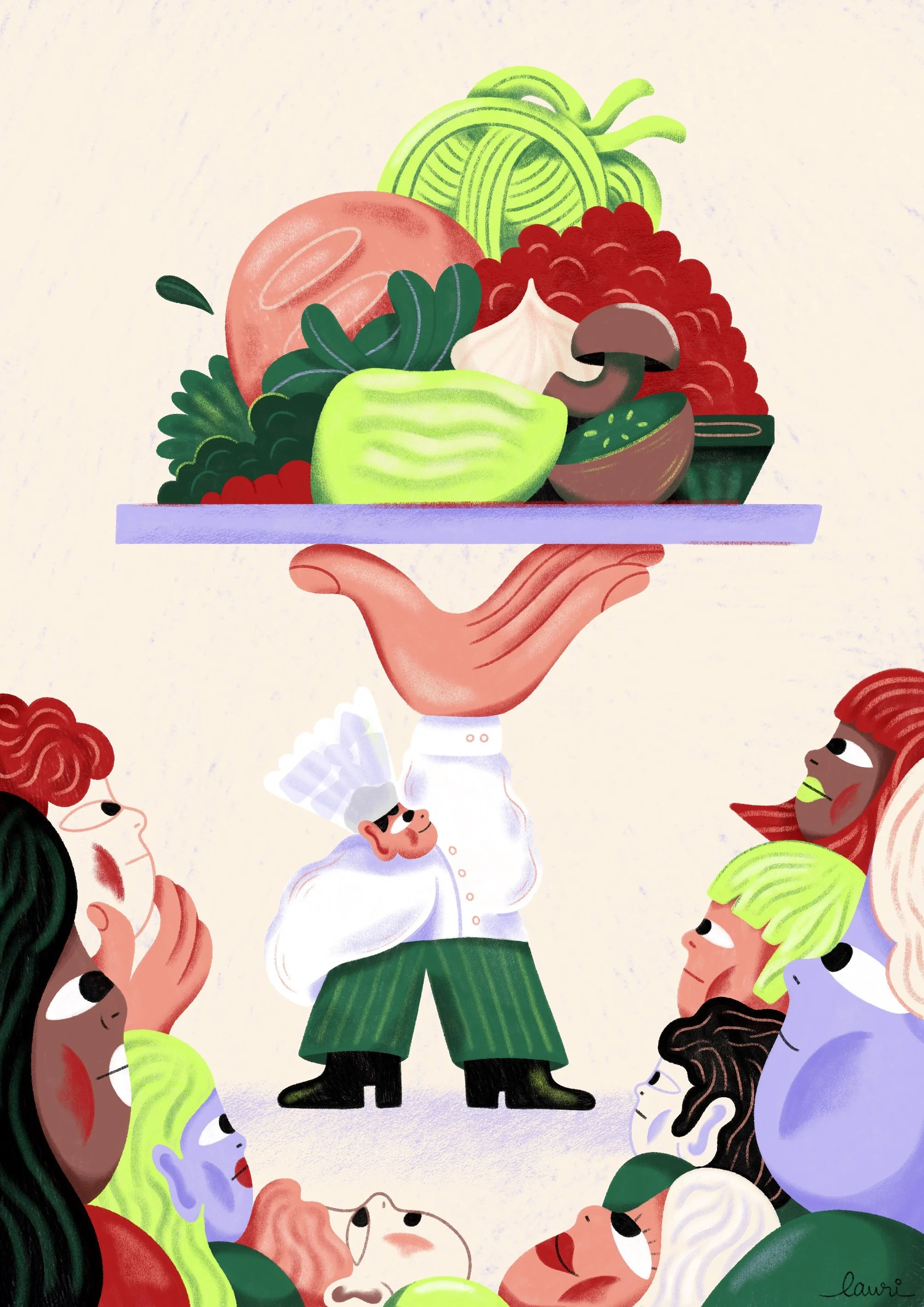 Illustration with a chef holding a tray of food and several characters looking at him
