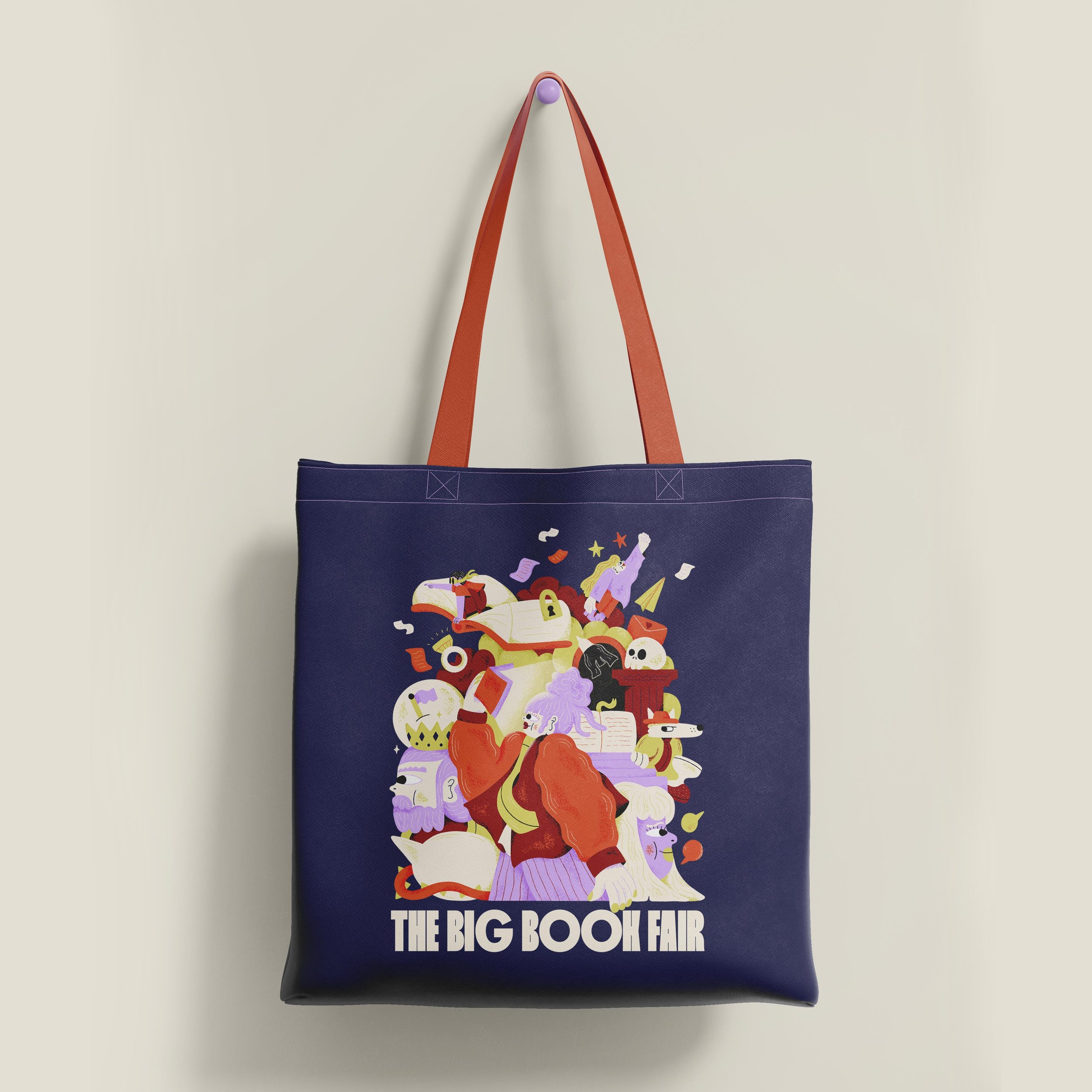 Hanging tote bag with an illustration for the Big Book Fair