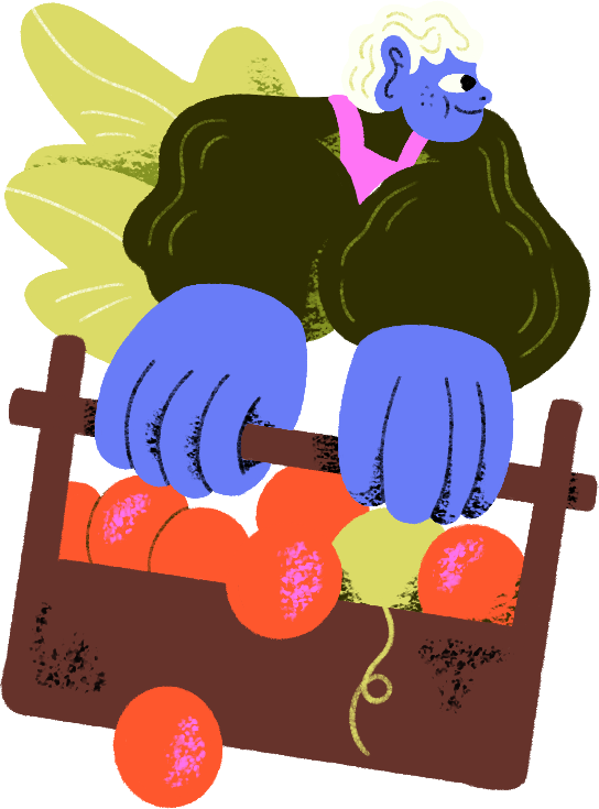 Illustrated character holding grapes in a carpenter's toolbox