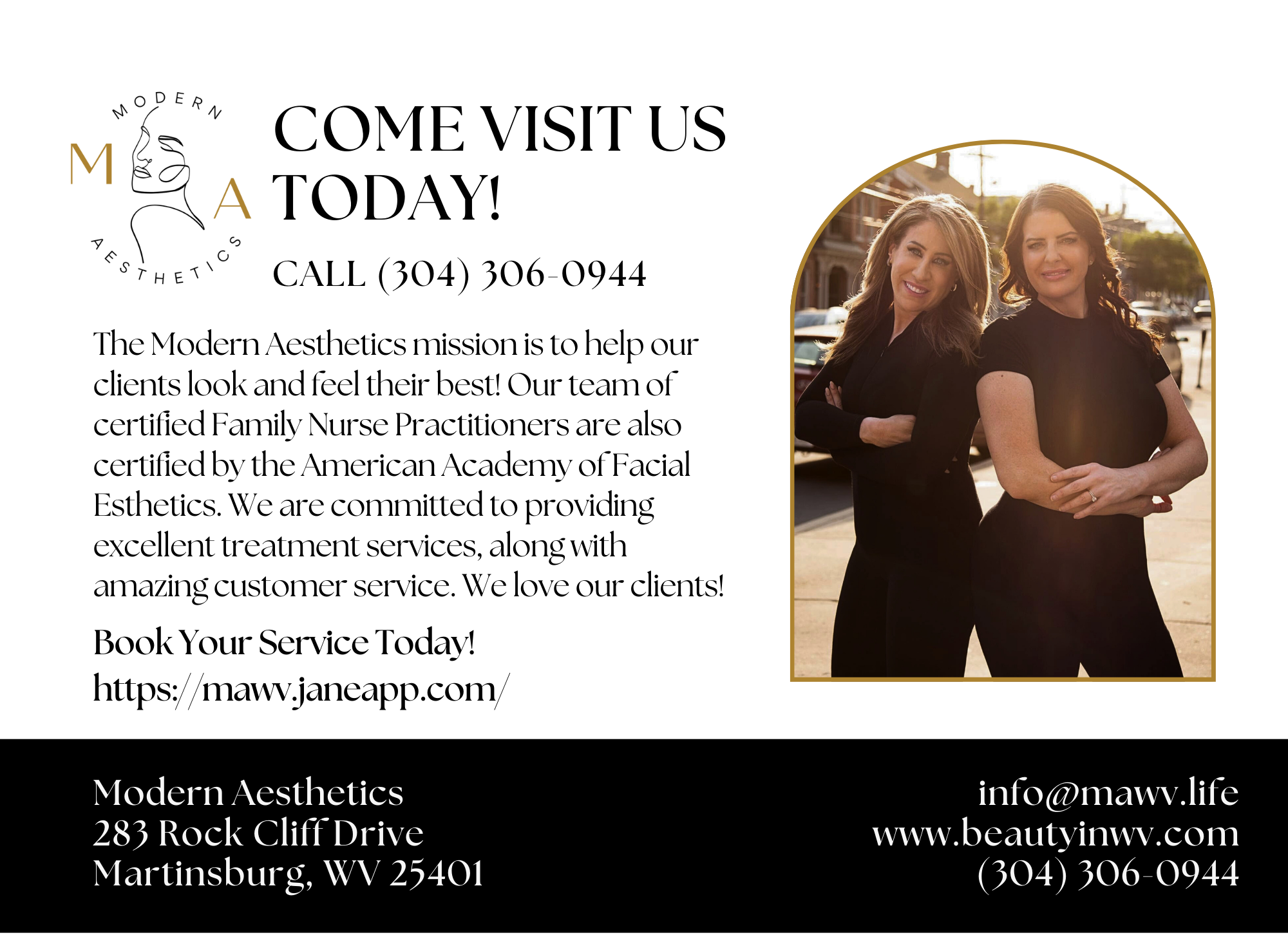 Promotional flyer featuring contact information and a photo of two women, with details about their services, location, and booking options."
