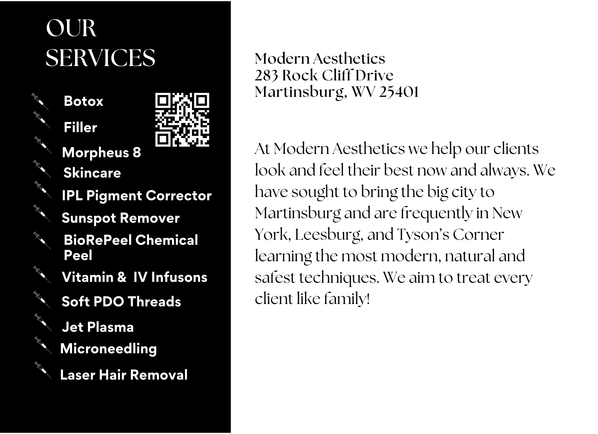 Promotional flyer detailing services like Botox, filler, skincare, and more. Includes address and a QR code.