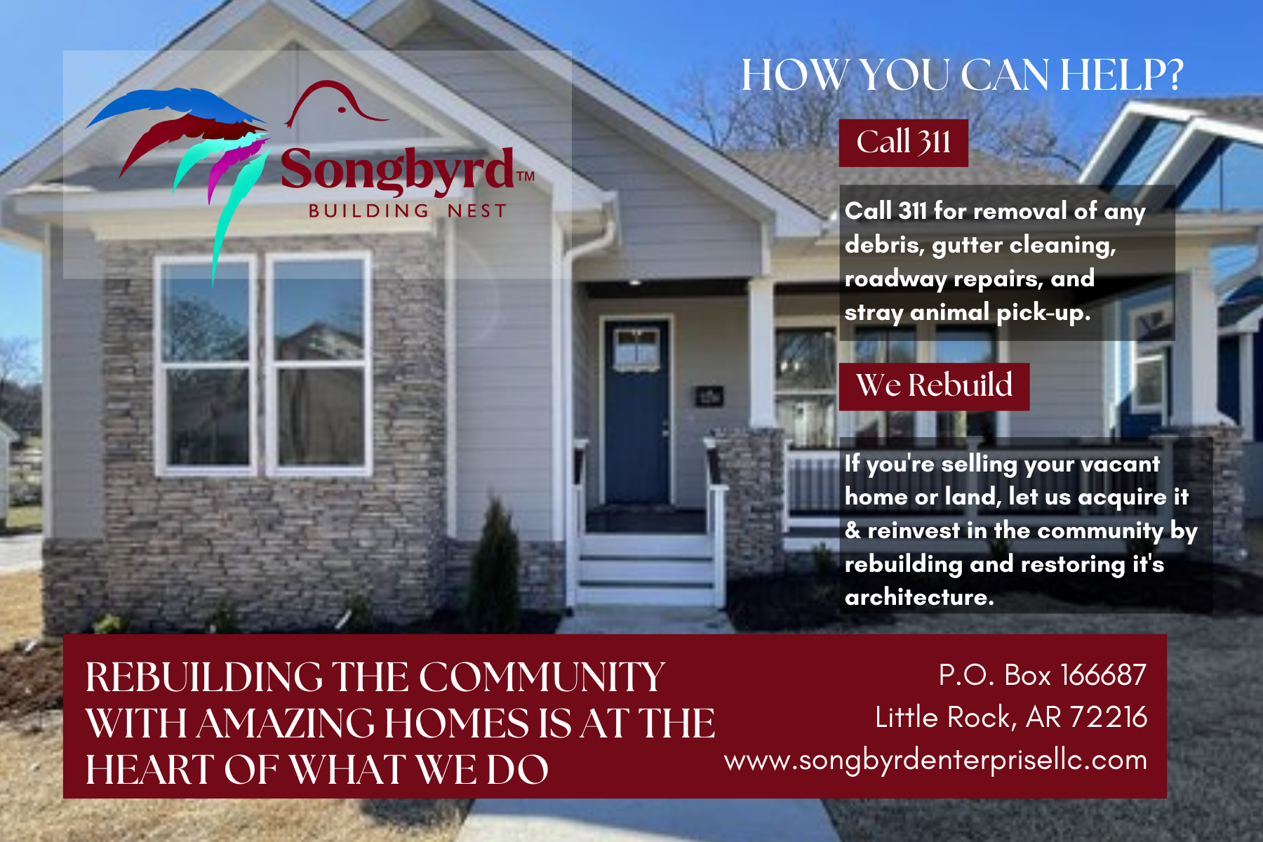 Promotional flyer for Songbyrd Building Nest featuring a house exterior. It includes text about community rebuilding, contact details, and a call to action for community involvement.