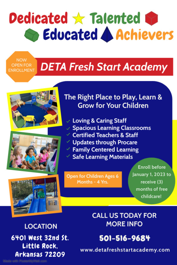 Promotional flyer for DETA Fresh Start Academy, featuring enrollment information for children ages 6 months to 4 years.