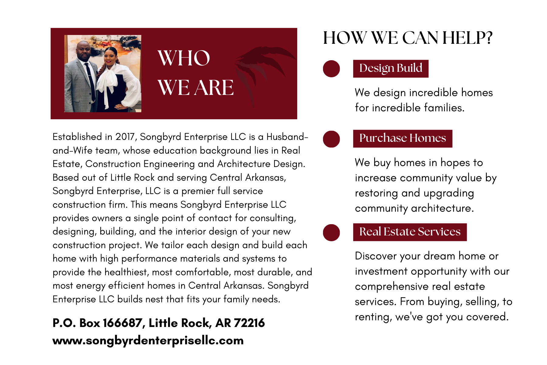 Advertisement for a husband-and-wife team specializing in real estate, construction engineering, and architectural design. The ad highlights services like design build, purchasing homes, and real estate services.