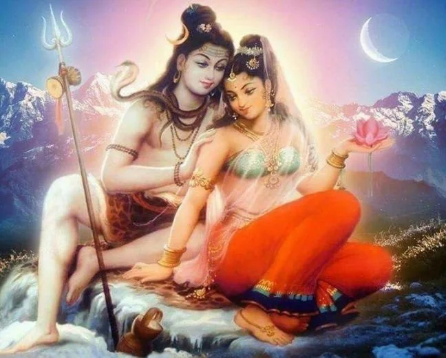 Shiva and Shakti in a warm embrace with the crescent moon behind