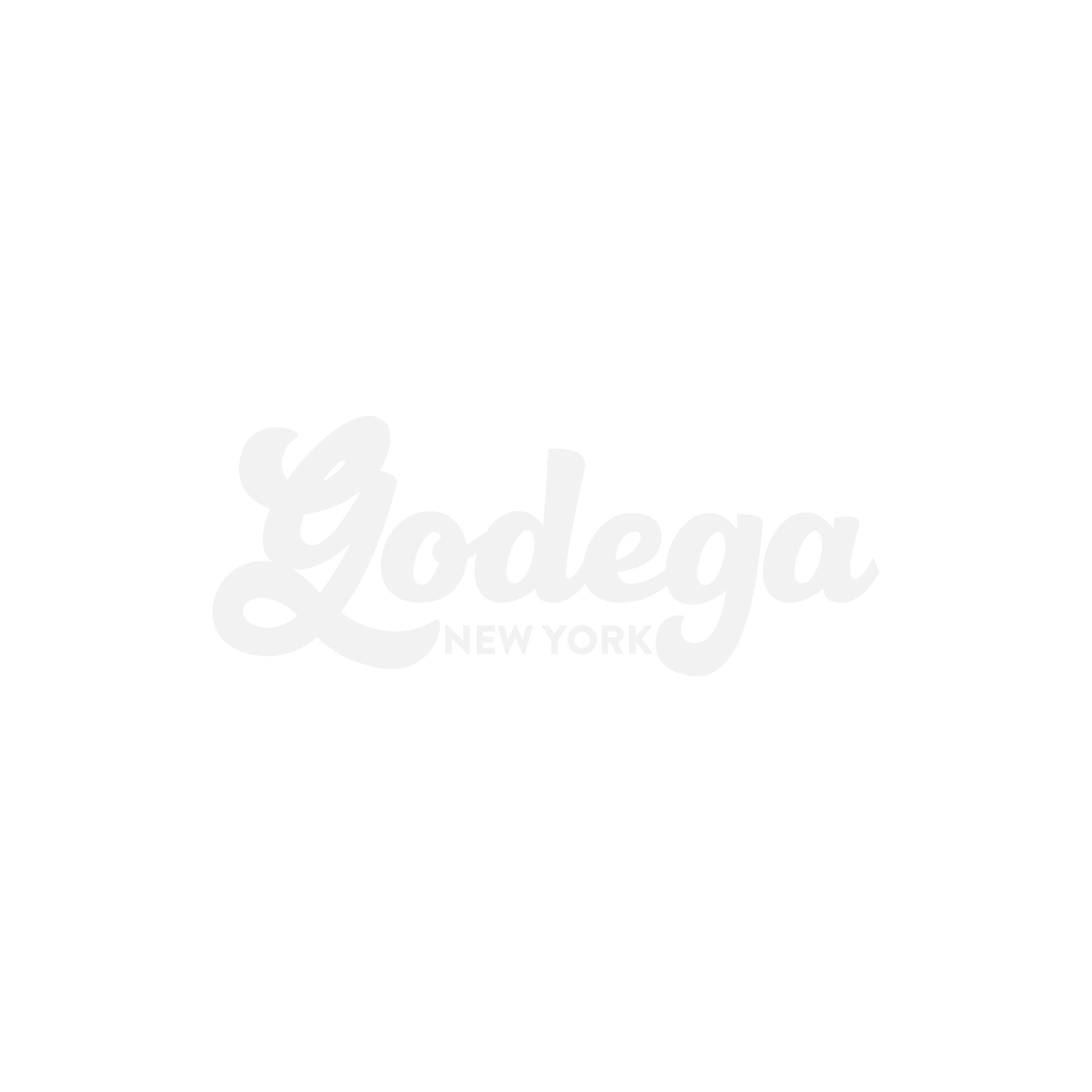 "Godega New York" logo with cursive font on black background.