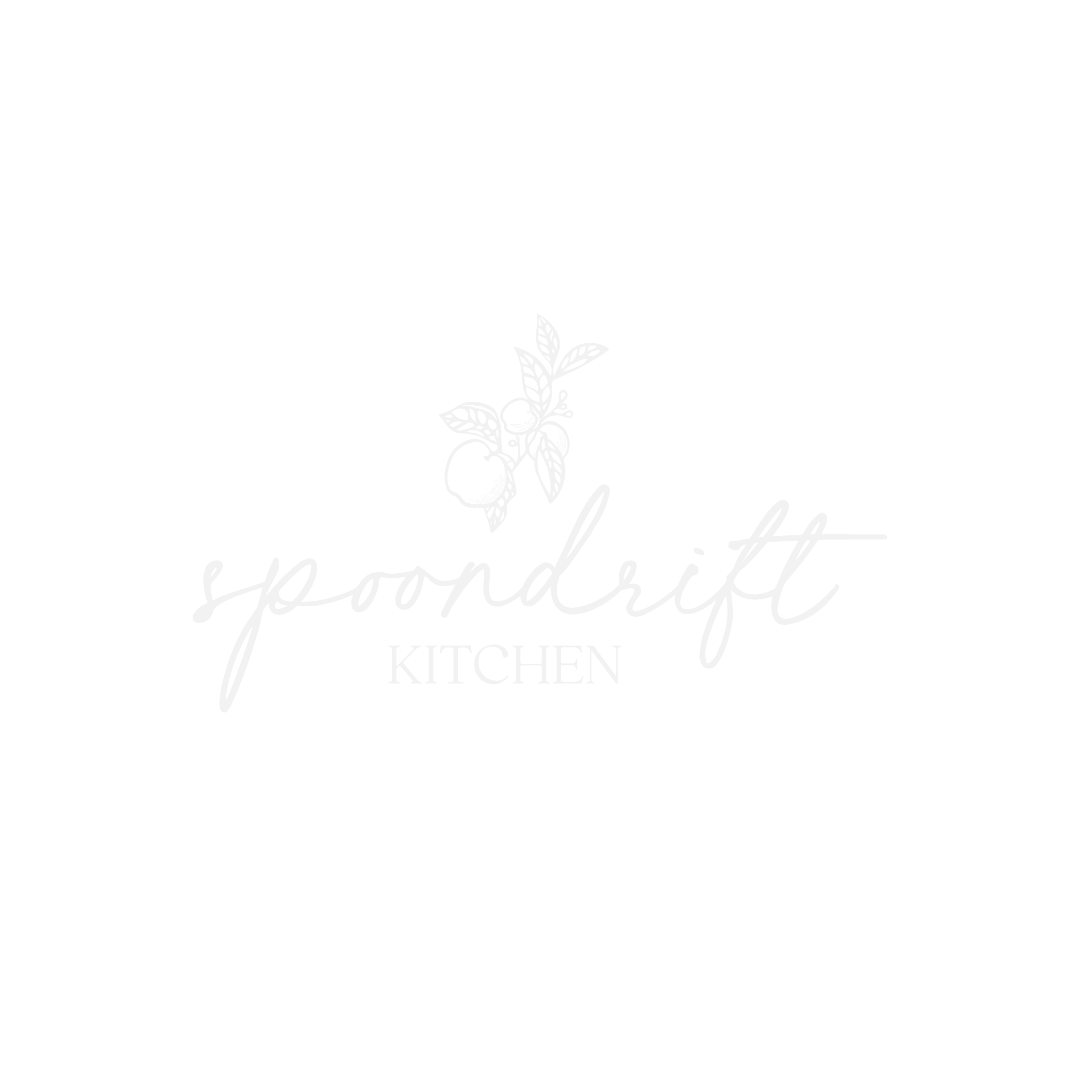Logo for "Spoondrift Kitchen" with a floral illustration on a black background.