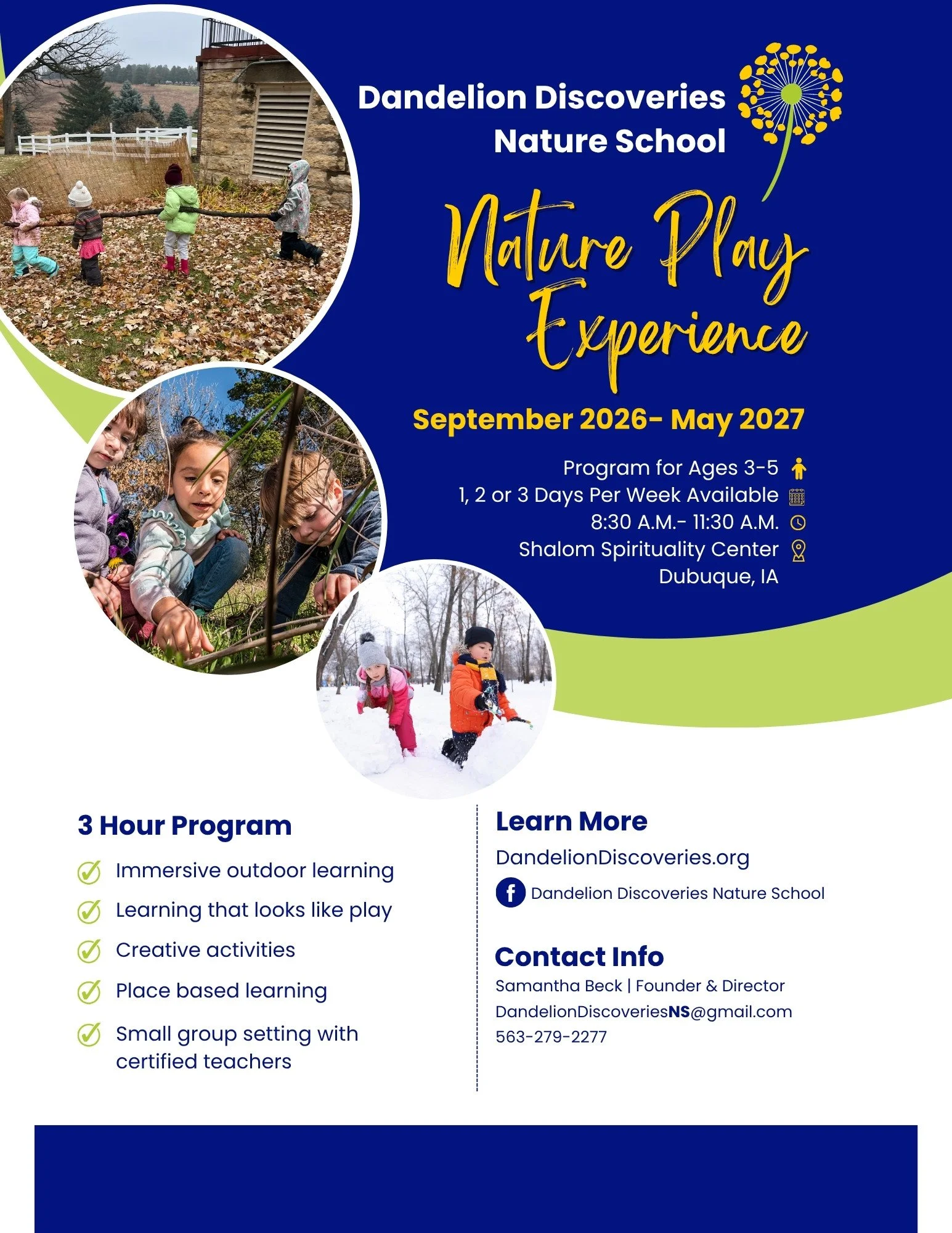 Flyer for Dandelion Discoveries Nature School's Nature Play Experience, a 3-hour outdoor program for ages 3–5 in Dubuque, Iowa, with 1-, 2-, or 3-day enrollment options available September 2026–May 2027.