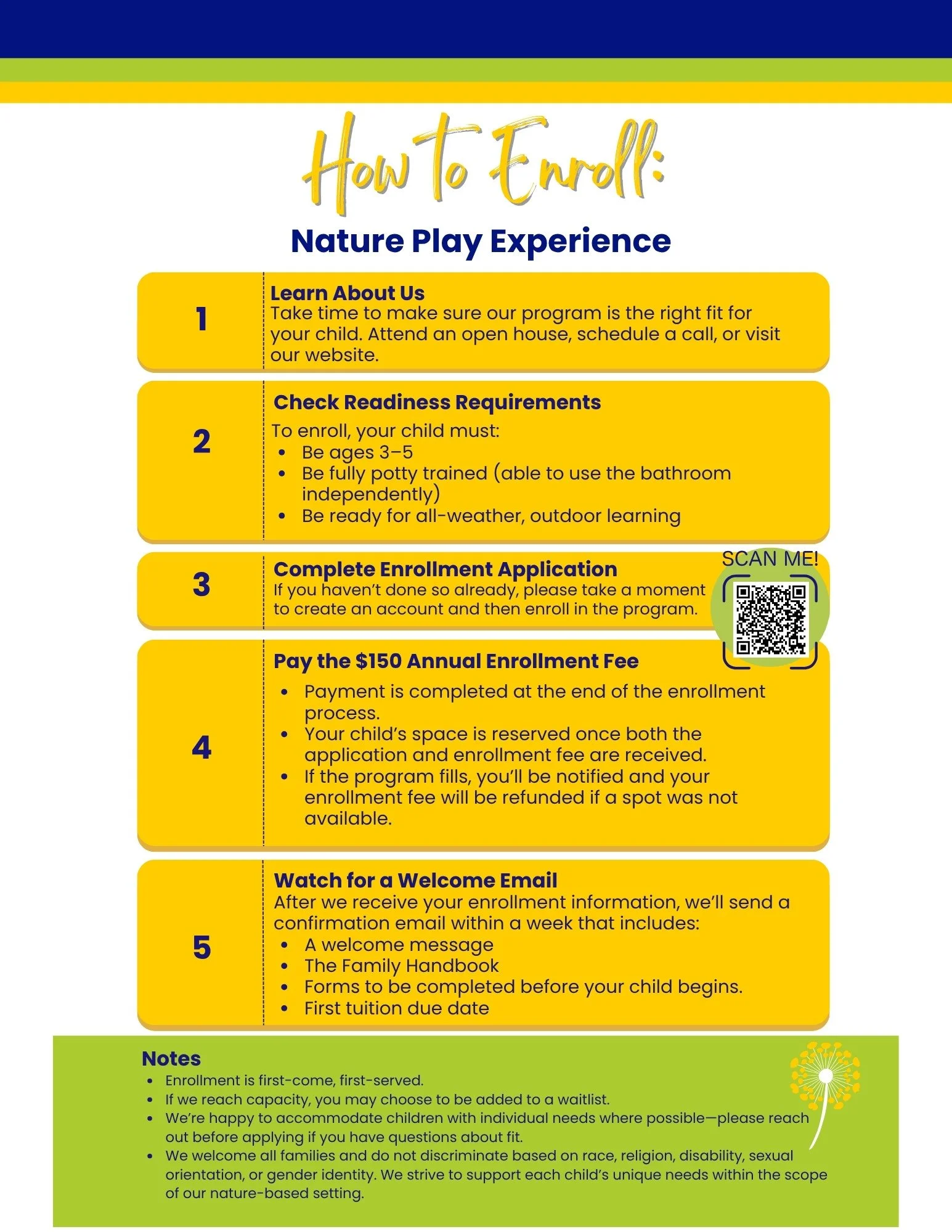 Flyer describing how to enroll in the Nature Play Experience Morning Program at Dandelion Discoveries Nature School.