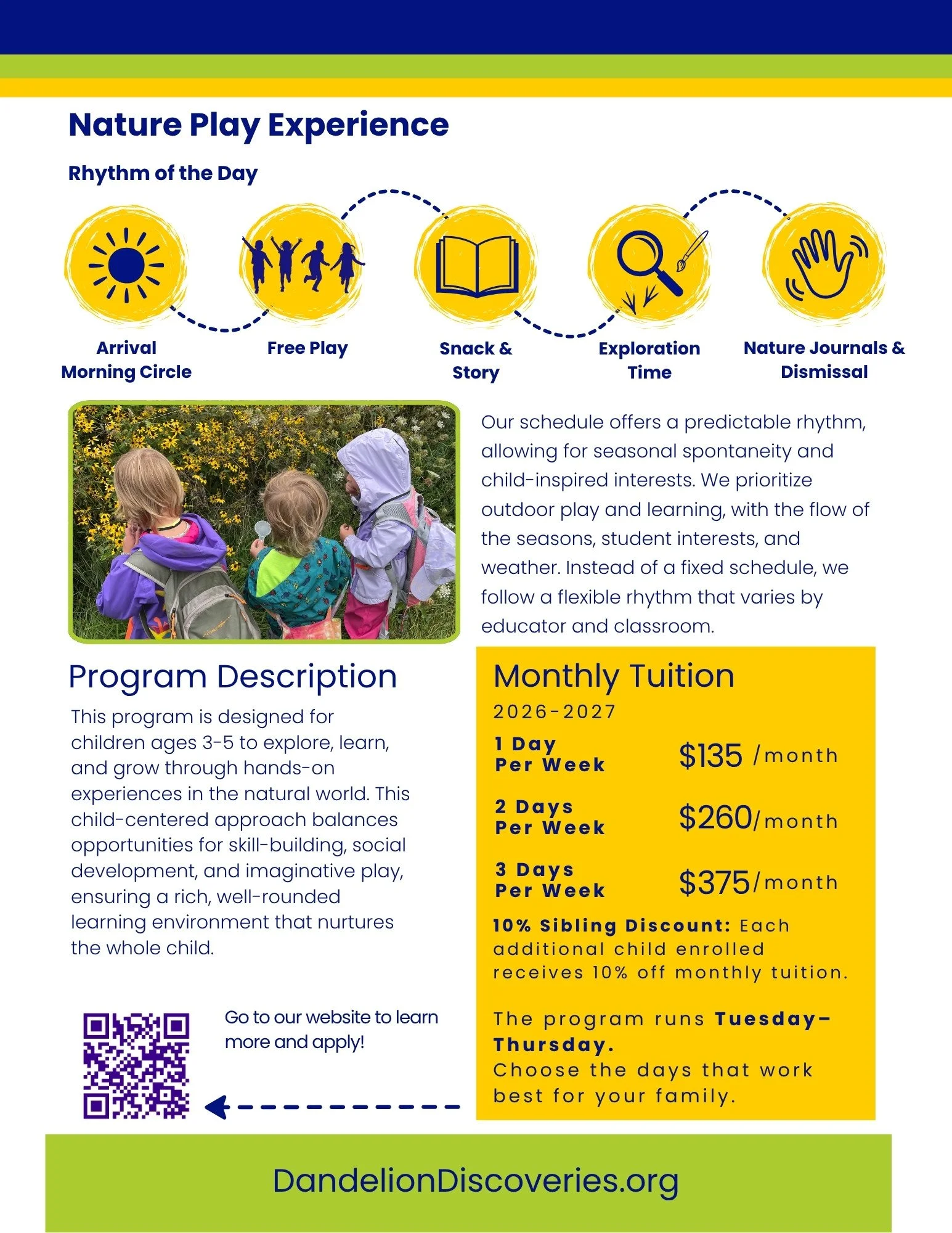 Informational flyer for Dandelion Discoveries Nature School's Nature Play Experience showing the daily rhythm, program description, and 2026–2027 tuition options for children ages 3–5.