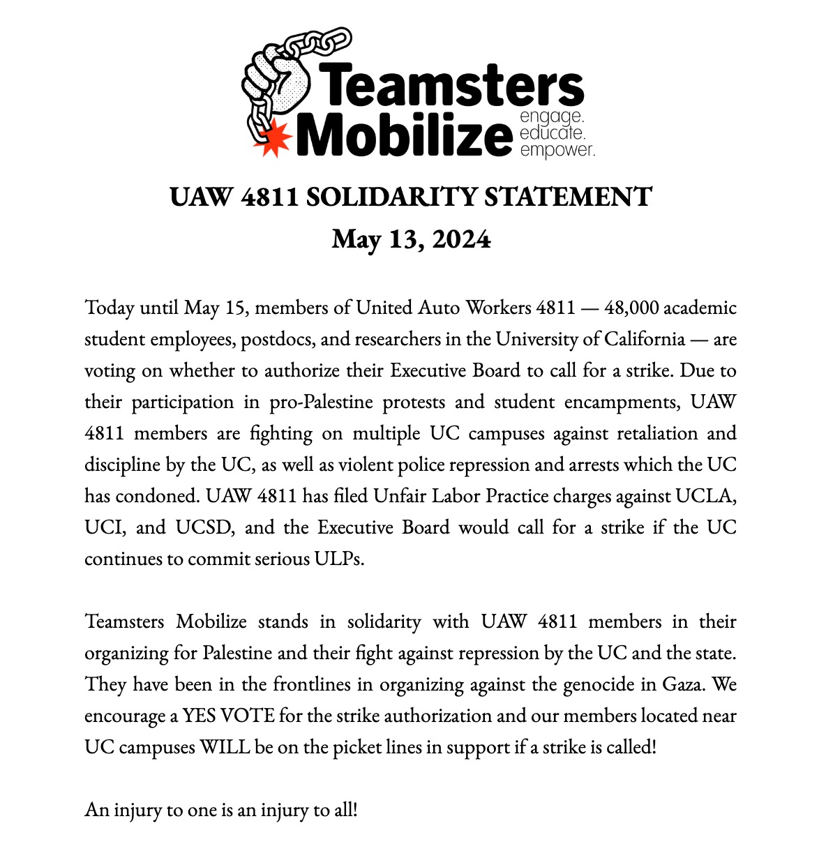 UAW 4811 Solidarity Statement — Teamsters Mobilize
