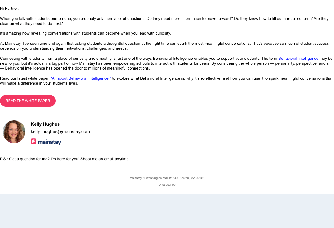 Mainstay newsletter email