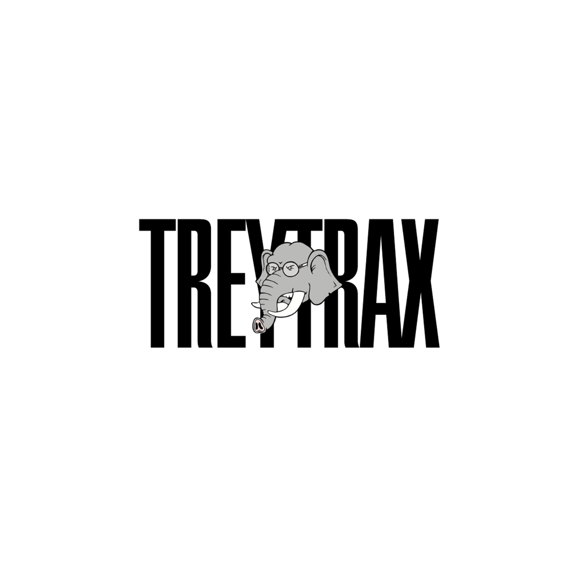 Cartoon illustration of an elephant's head with glasses, smiling, on a black background.