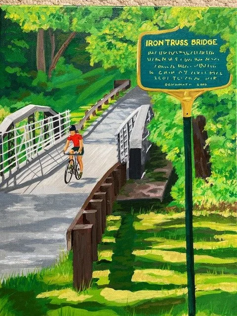 Cyclist on Iron Truss Bridge. Acrylic on canvas by Tammy Handley. This art was selected for a Malta street banner.