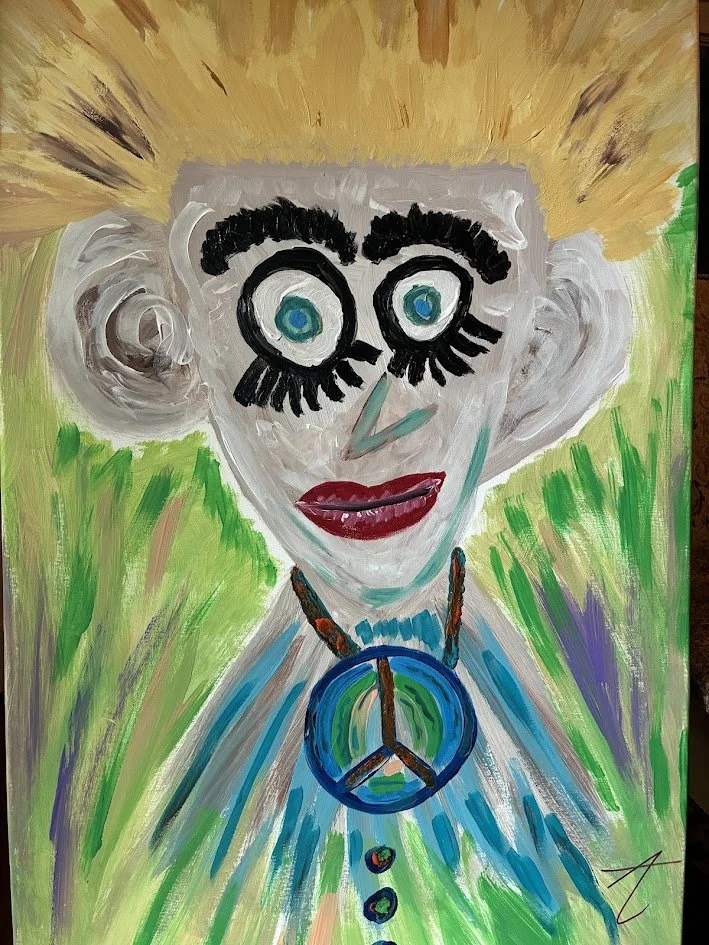 Whimsical Faces -- Buzz. Acrylic on canvas by Lisa Santy. This art was selected for a Malta street banner.