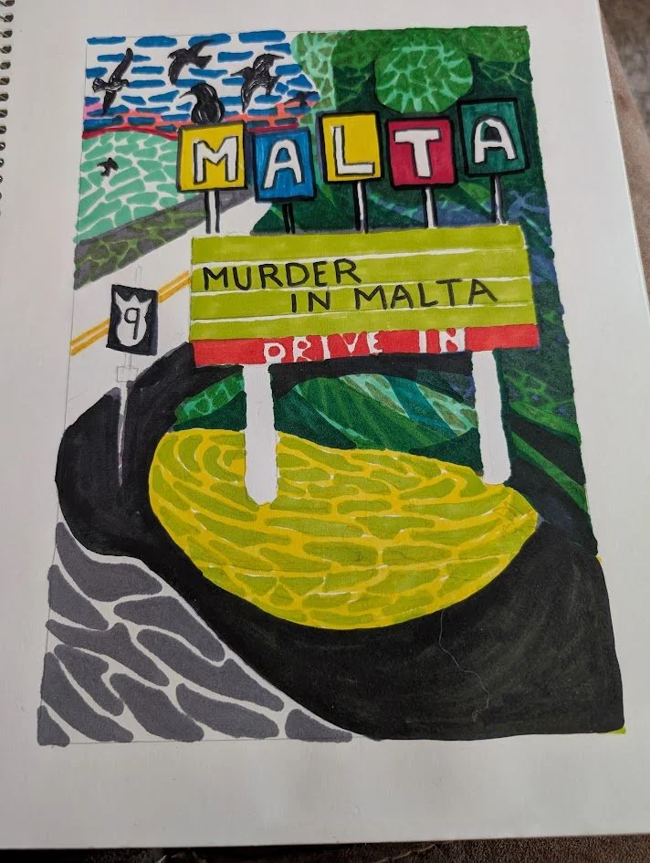 Drive-In Marquee. Art markers on paper by David Rawlin.