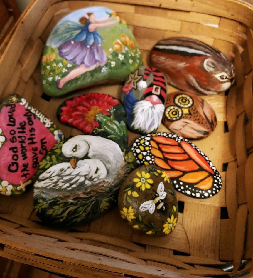 Basket of Painted Rocks. Acrylic on rocks by Dawn Davis.