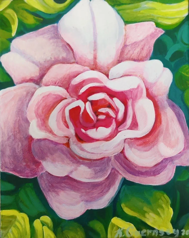 First Rose of the Season. Acrylic on canvas by Kristina Guernsey. This art was selected for a Malta street banner.