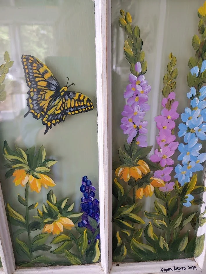 Gardens on Glass. Paint on glass by Dawn Davis.