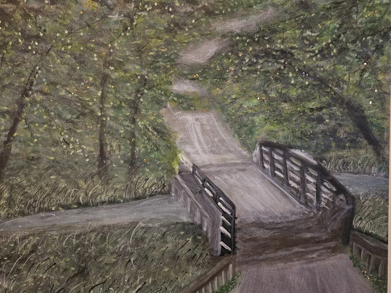 Iron Truss Bridge at Rhule Road. Acrylic painting by Patricia Neiswender.