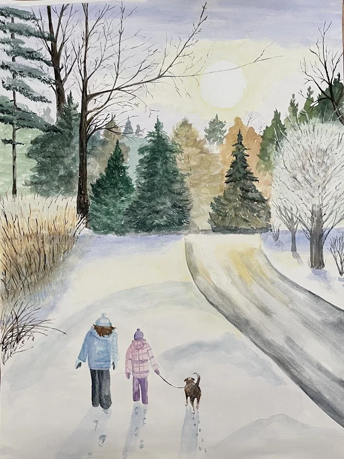 Winters Past in Luther Forest. Watercolor on paper by Sean Campanie. This art was selected for a Malta street banner.