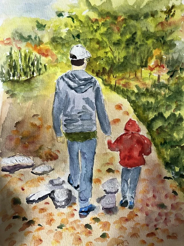Trail Traipsing. Watercolor on paper by Maggie Dinneen. This art was selected for a Malta street banner.