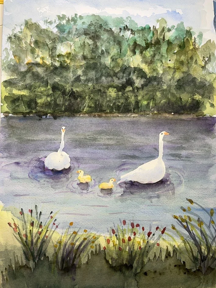Geese on Pond. Watercolor on paper by Maggie Dinneen. This art was selected for a Malta street banner.