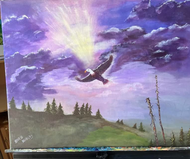 Eagle in Flight. Acrylic on canvas by Barbara Hurley.