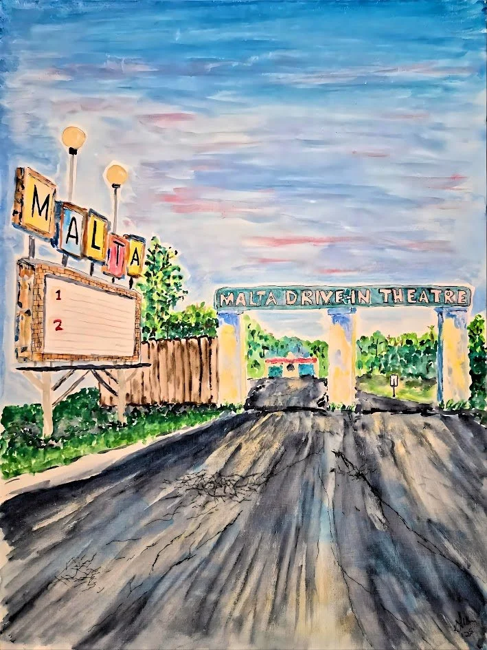 The Malta Drive-In. Watercolor on canvas board by Kristina Hardy Allen. This art was selected for a Malta street banner.
