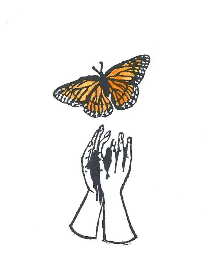 Helping Hands and a Monarch. Linocut print artwork by Annika Nerf. This art was selected for a Malta street banner.