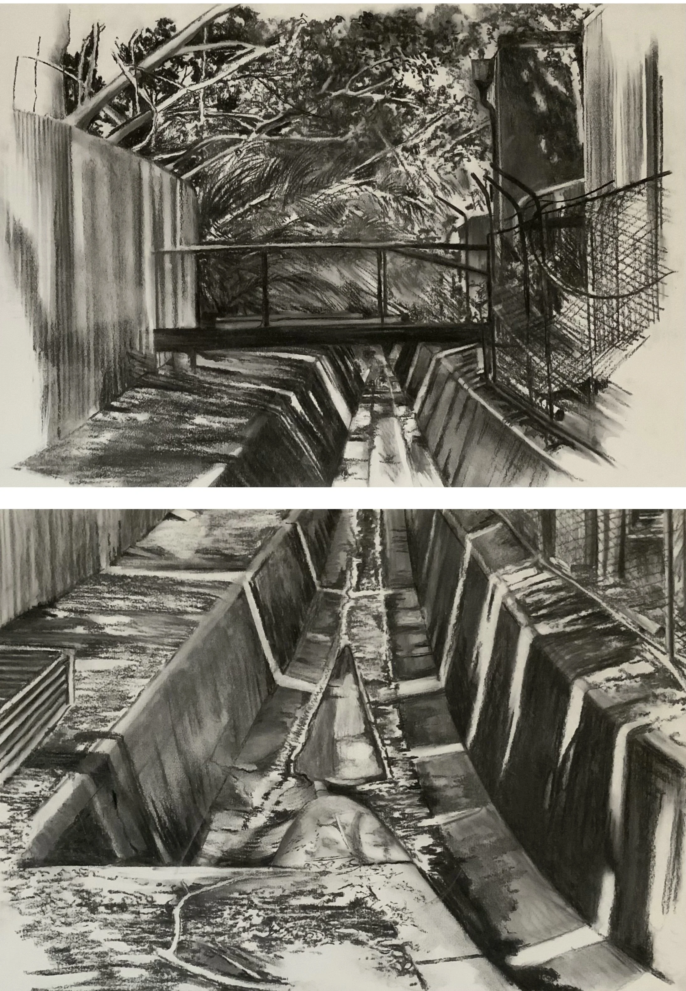 Stormwater Drain, Gumbramorra, 2025. 42cm x 59cm. 42cm x 59cm. Charcoal on paper