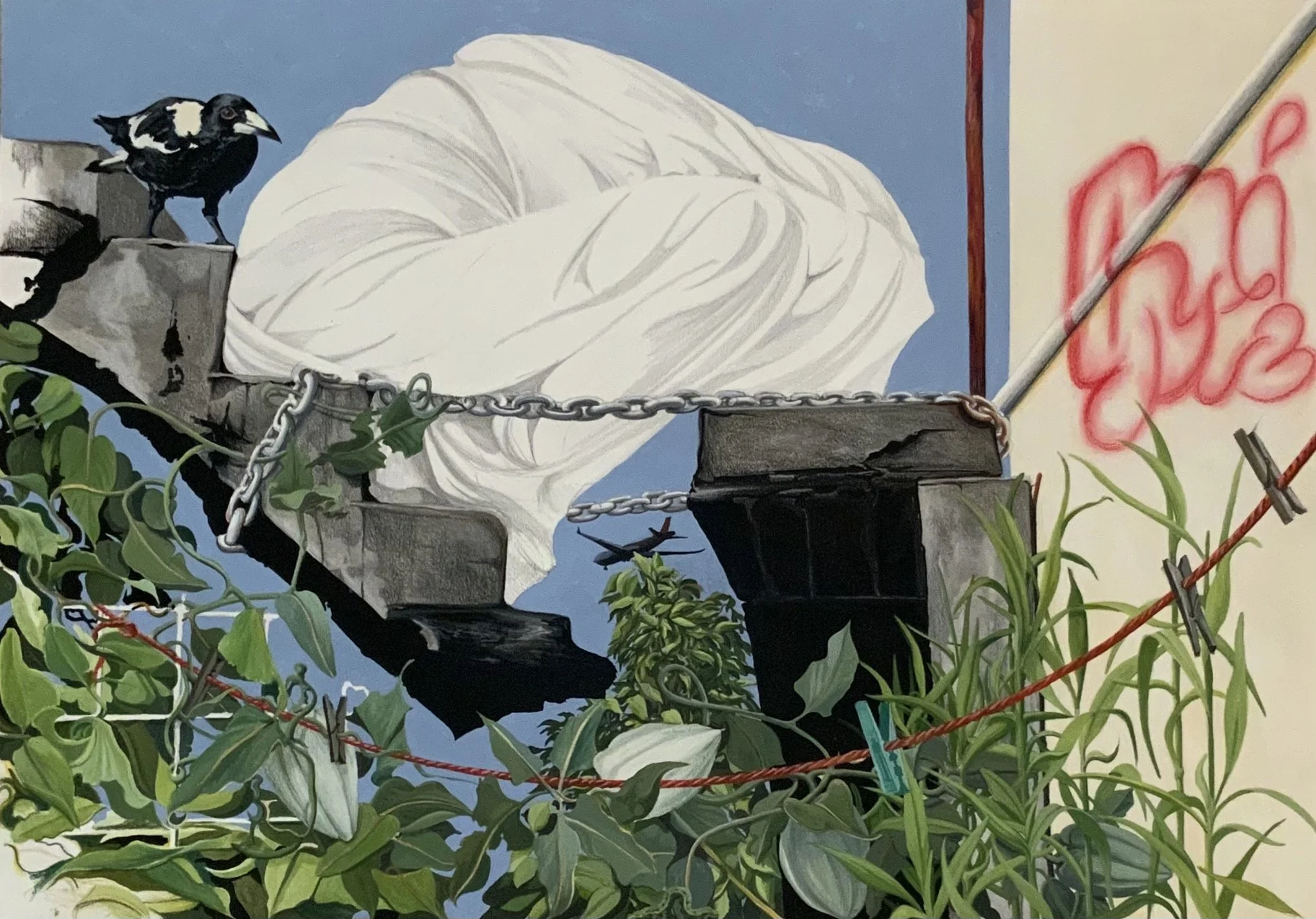 Lockout with Magpie and Pegs. 42cm x 59cm. Mixed medium on paper.