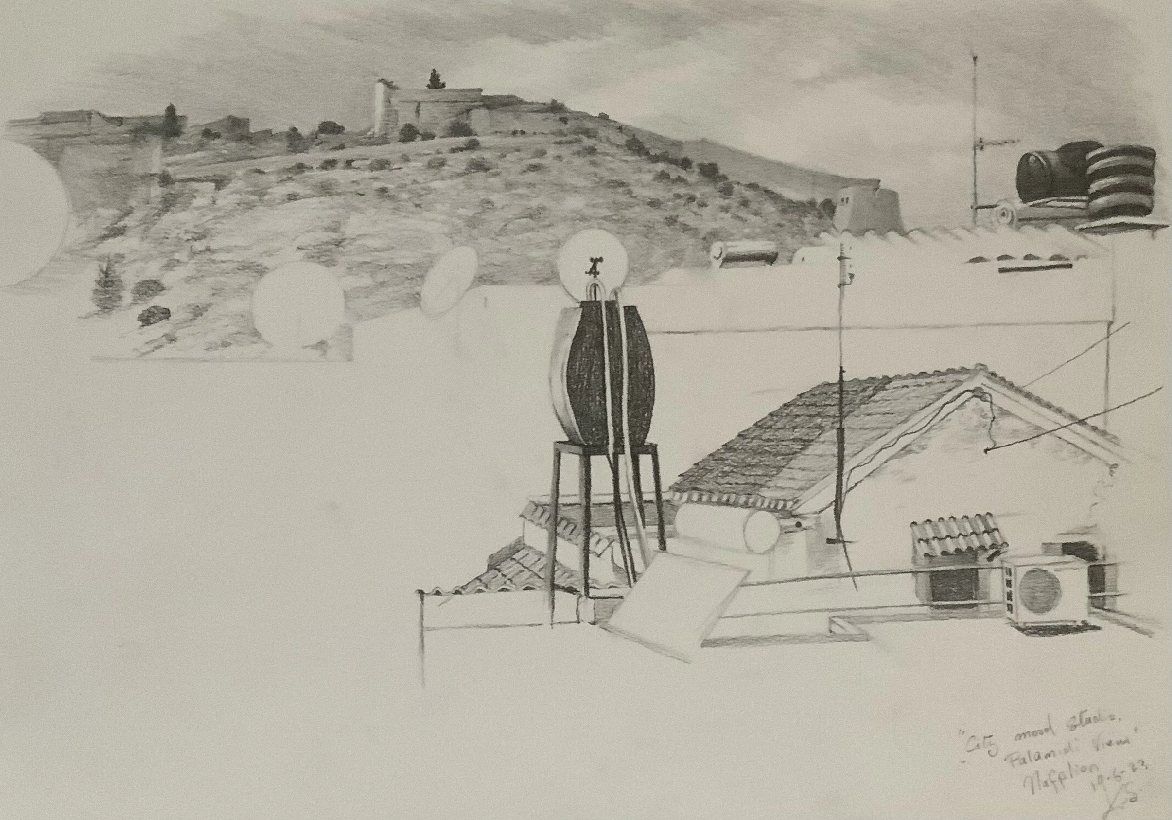 City Mood Studio 1, Nafplio, Palamithi View.  19.6.2023. Pencil on paper.