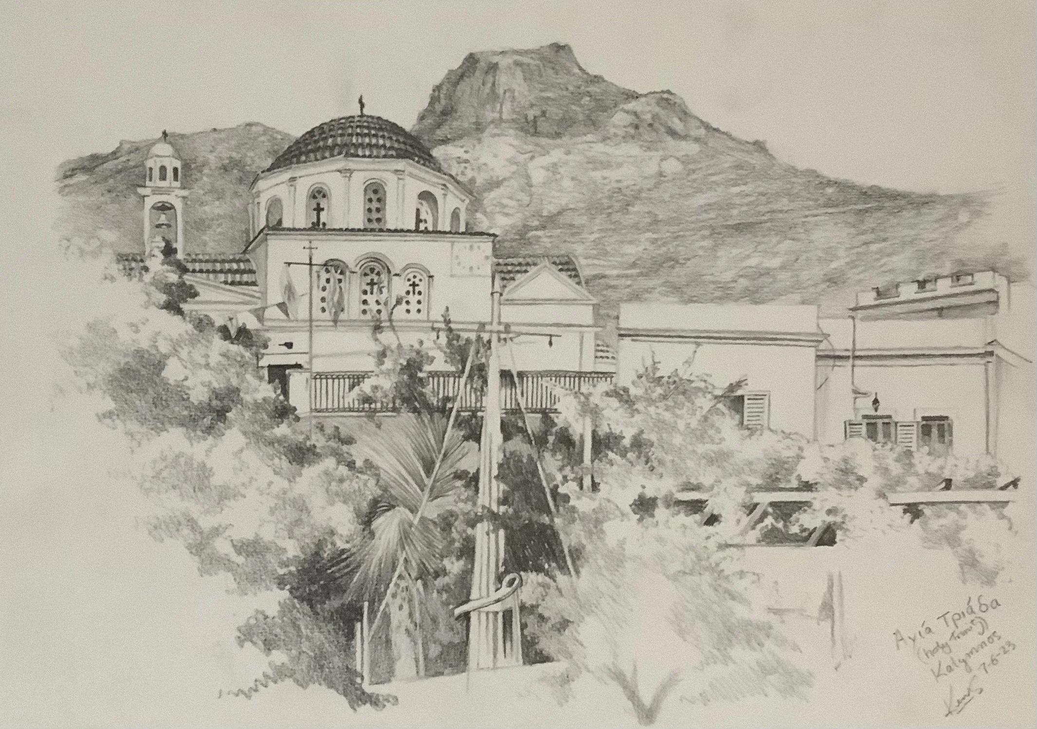 From the Villa Melina, Kalymnos, May 2023. 42cm x 30cm. Pencil on paper.