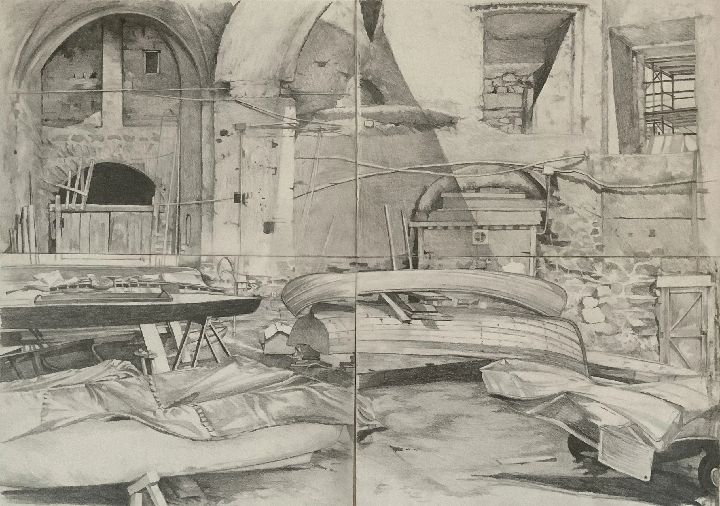 Donn'Anna, Naples 2 (Pasquale's Boat Building Workshop), 2023. 60cm x 84cm. Pencil on paper