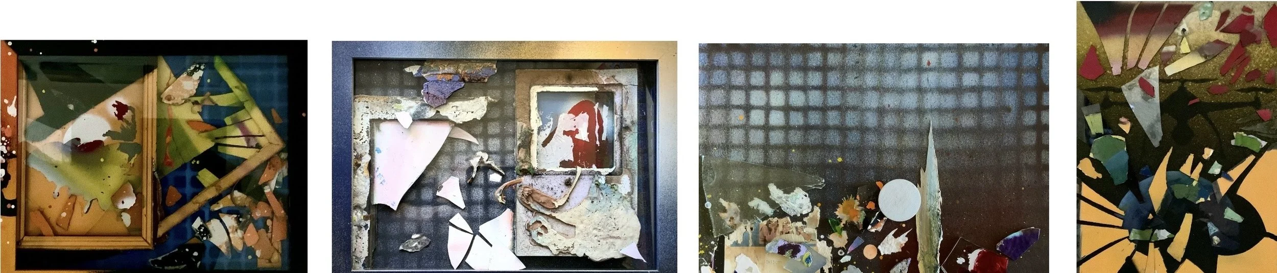 L to R. Shattering 16 (Two Frames), collage, 23 x 32; Shattering 14 (True to Form), collage, 23 x 32; Shattering 17 (Blue Moon), collage, 23 x 32; Shattering 15 (Mosaic), collage, 25 x 18 cm.
