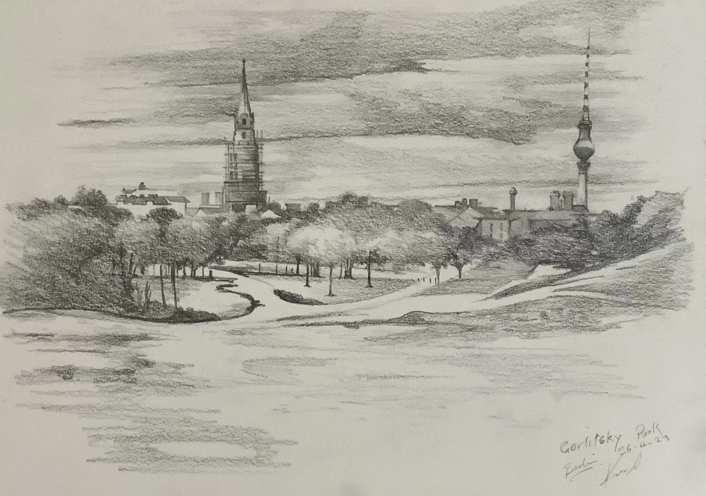 Gorlitsky Park, Berlin, April 2023. 30cm x 42cm. Pencil on paper.