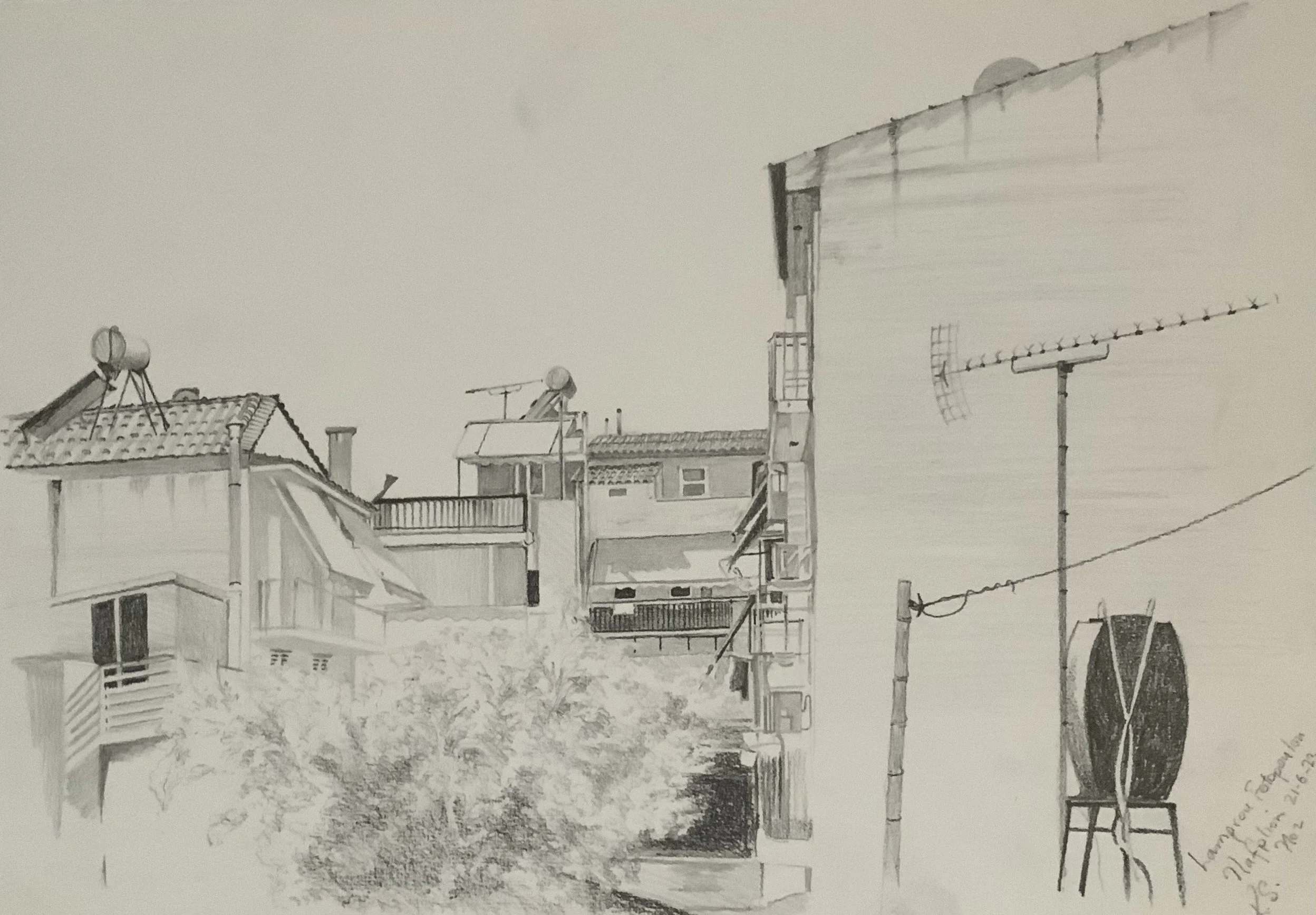 City Mood Studio 3, Nafplio, Lamprou Fotopoulou. 21.6.2023. Pencil on paper.