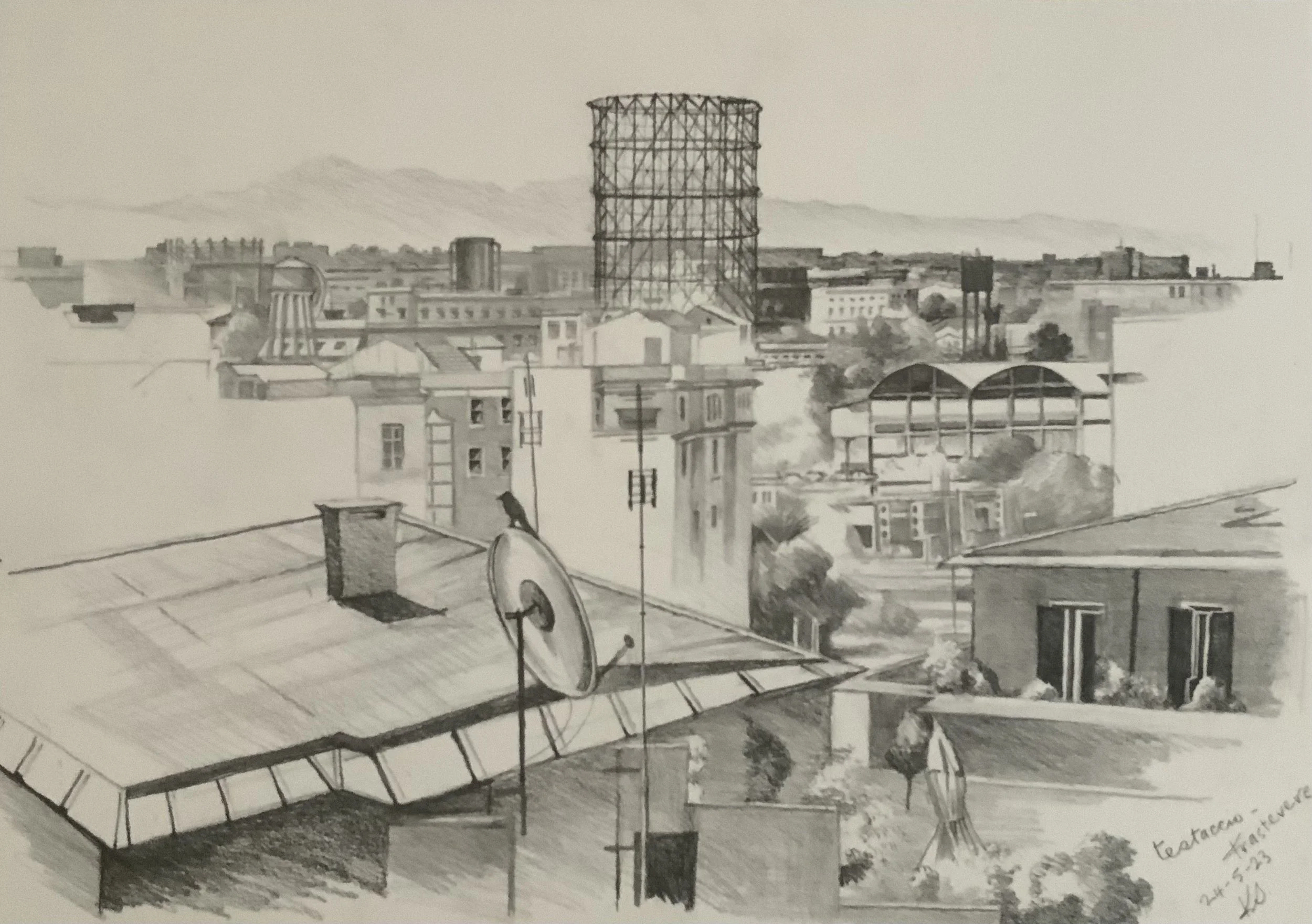 Testaccio/Trastevere, Rome, May 2023. 30cm x 42cm. Pencil on paper.