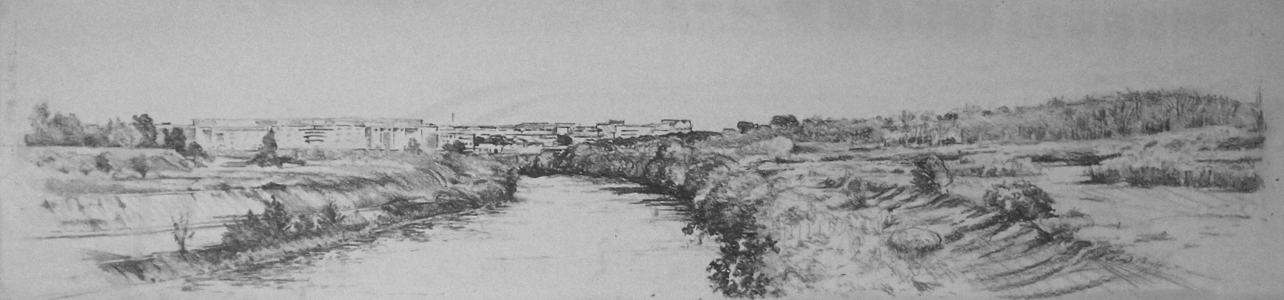 The Tevere (River Tiber), Looking North, 1, 2002. Pencil on paper.