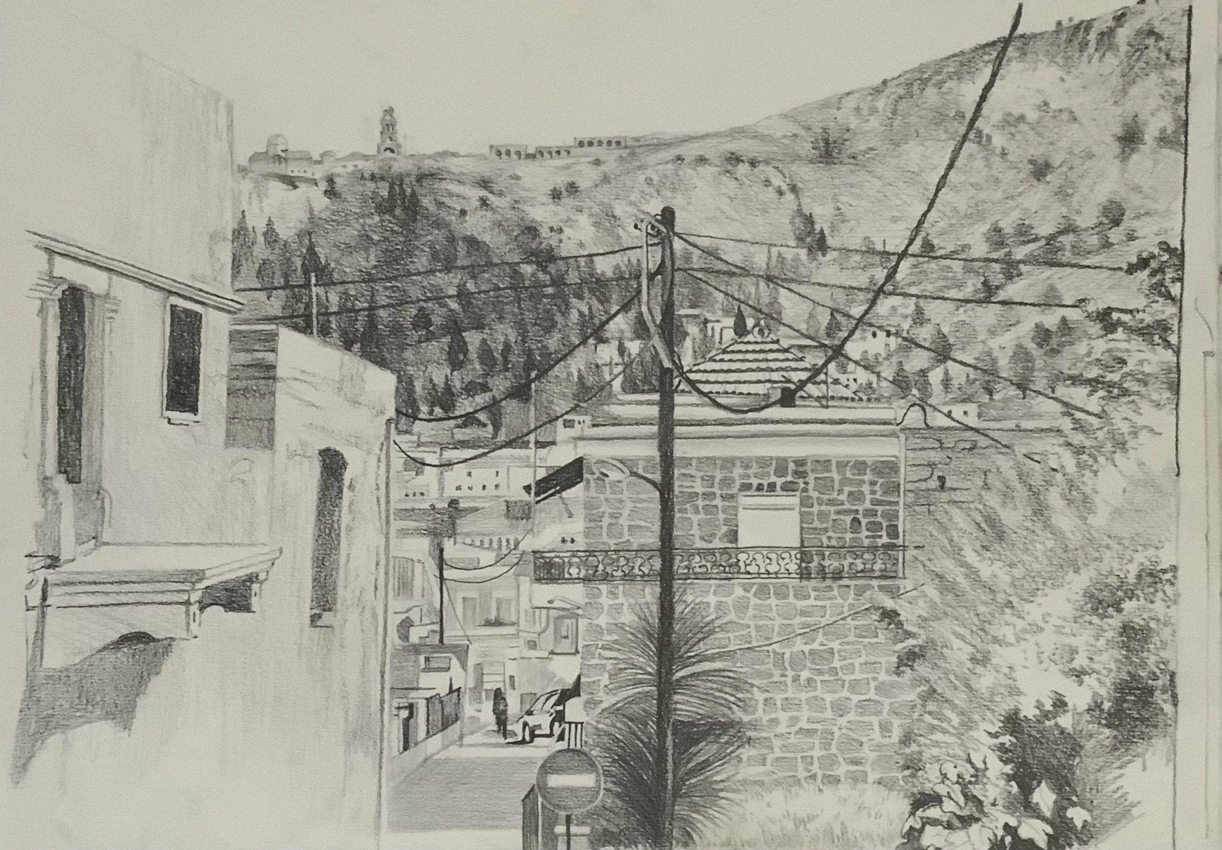 From the Villa Melina, Kalymnos, May 2023. 42cm x 30cm. Pencil on paper.