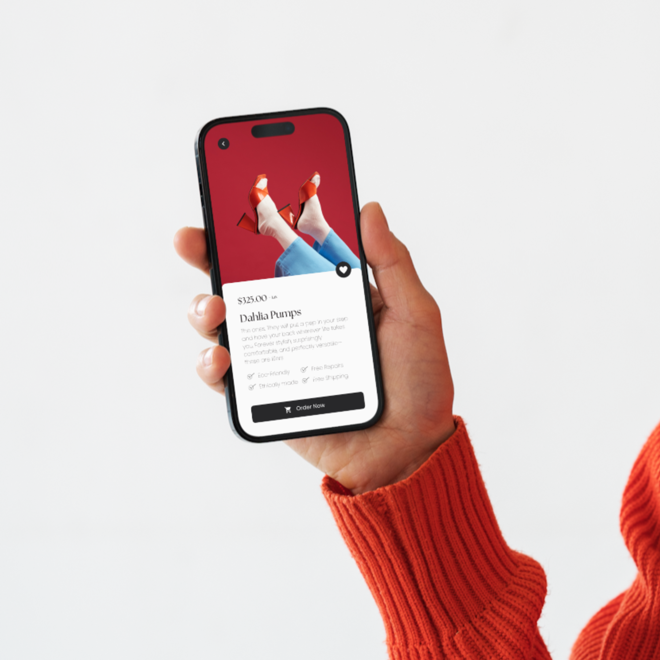 A iPhone with a mobile website featuring a product listing for red pumps in order to communicate the importance of responsive design