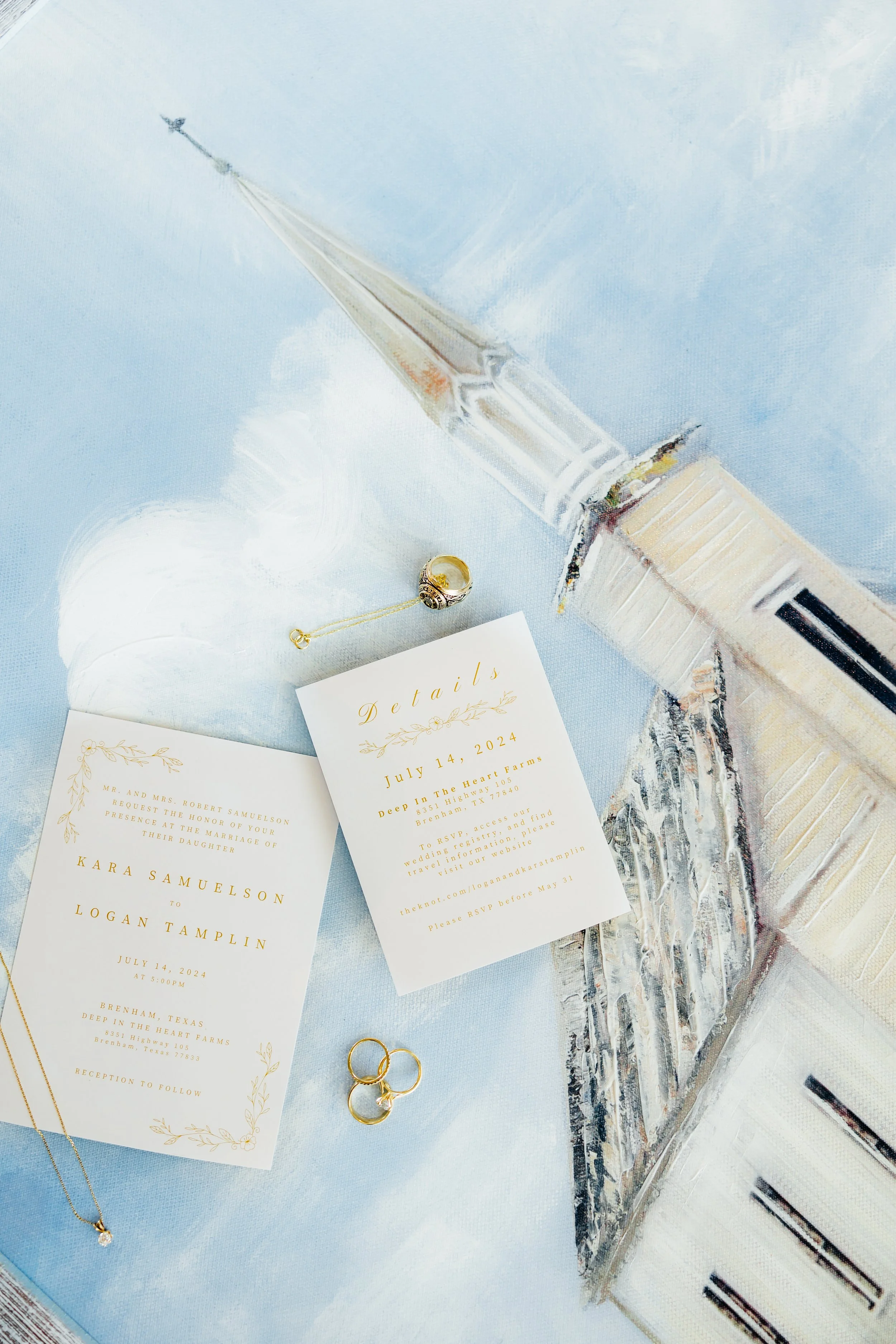 Wedding invitation, jewelry, and a syringe painted on a light blue surface.