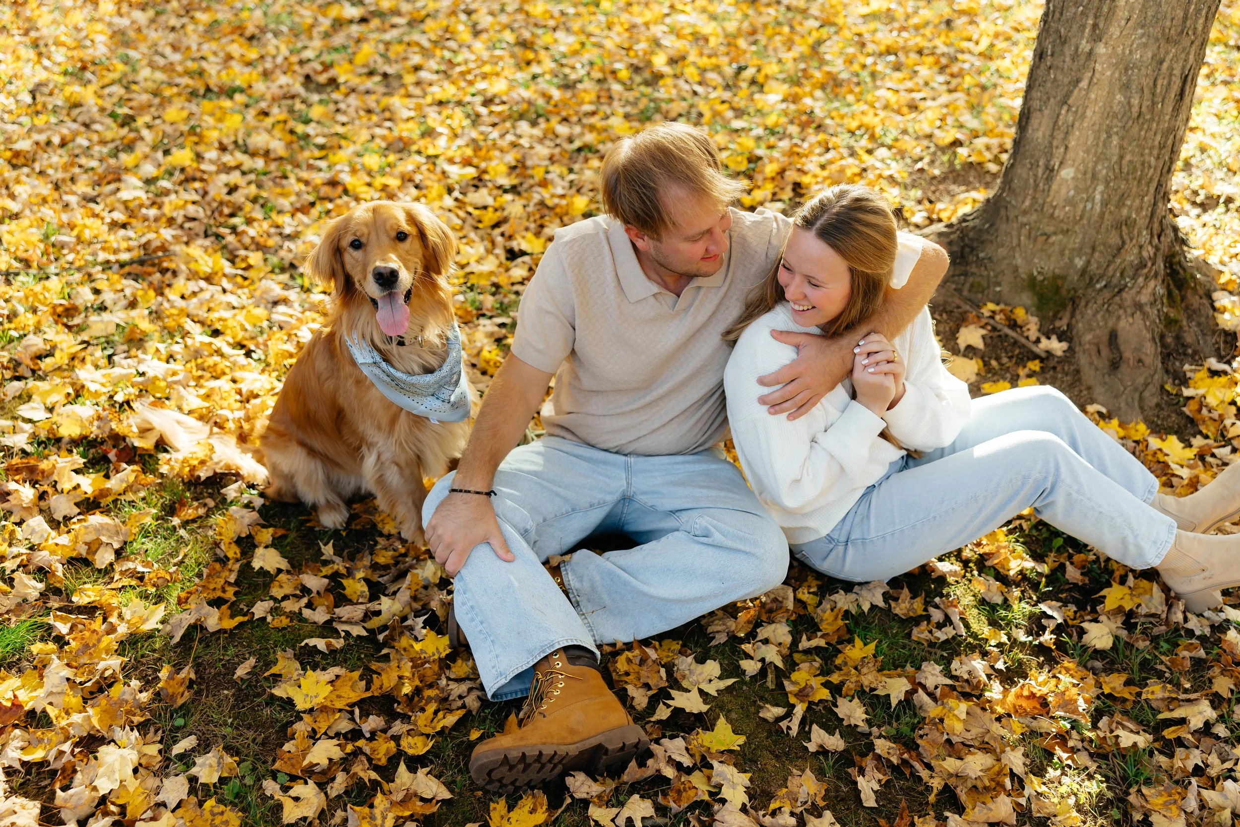 A young couple sitting on the ground covered with fallen autumn leaves, leaning against a tree, with a golden retriever dog sitting nearby. The couple is smiling and embracing, enjoying a fall day outdoors.