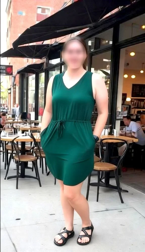 A woman standing outside a cafe, wearing a green sleeveless dress and black sandals, with her hands in her pockets.