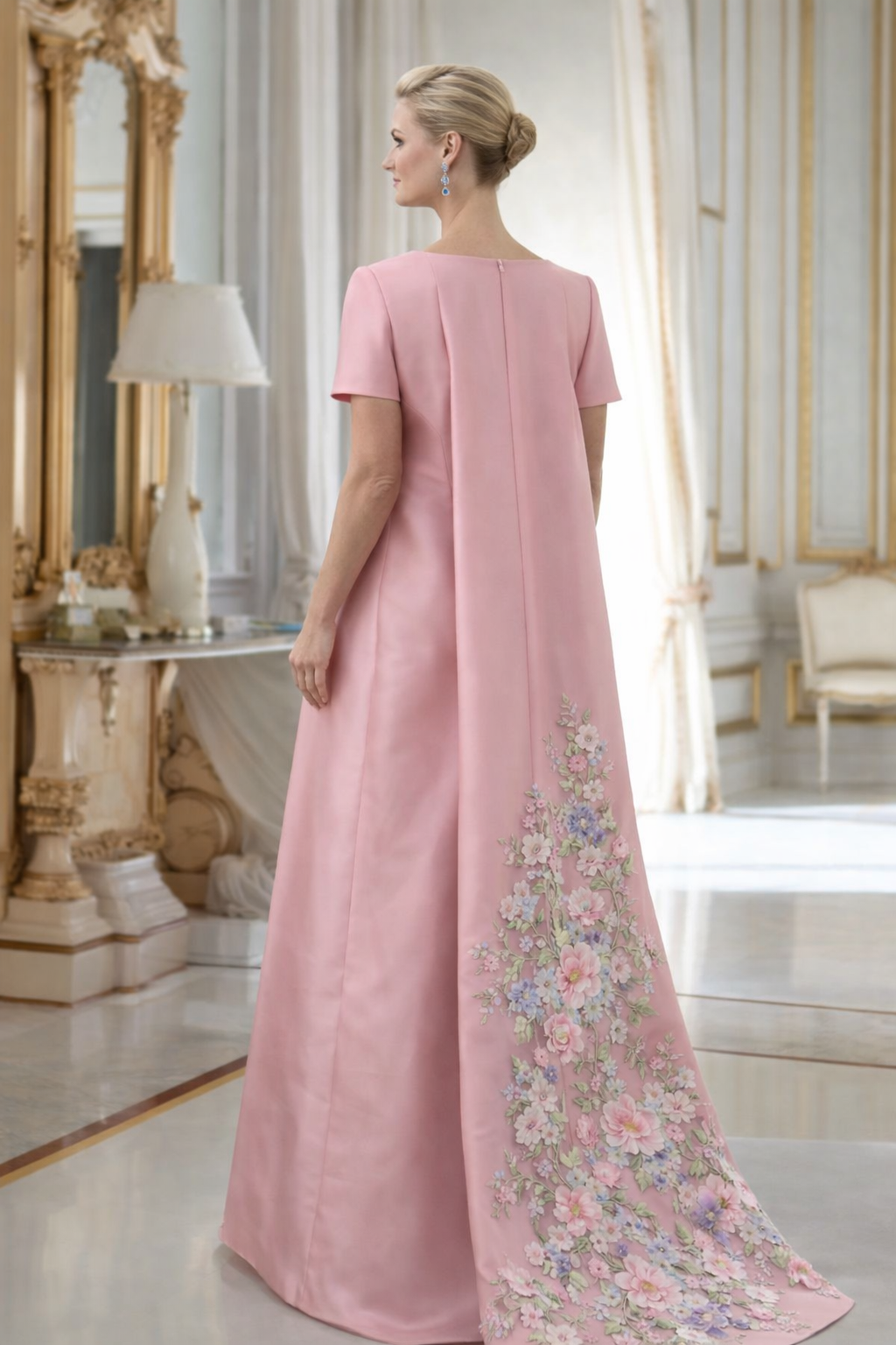 Pink spring mother of the bride gown with dimensional floral embroidery
