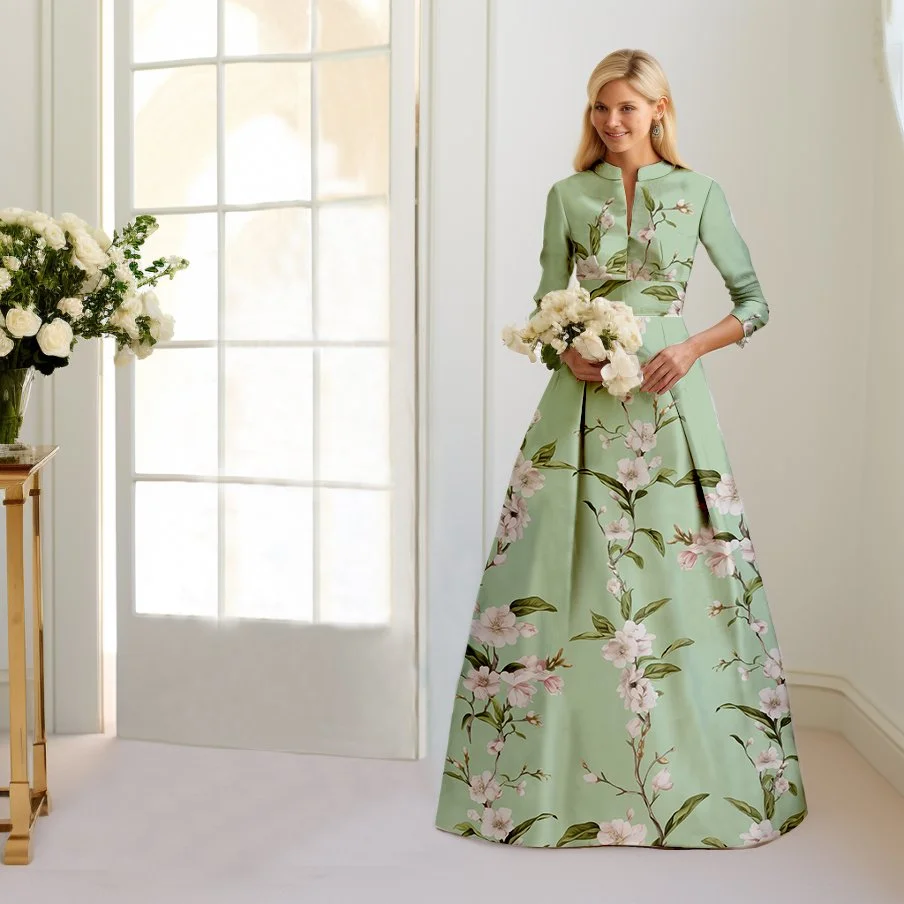 Primavera Long-Sleeve Botanical Silk Gown in Luminous Green | Style AA-106 Calabro Collection Gramercy Atelier Primavera Long-Sleeve Botanical Silk Gown in Luminous Green | Style AA-106 Calabro Collection Gramercy Atelier