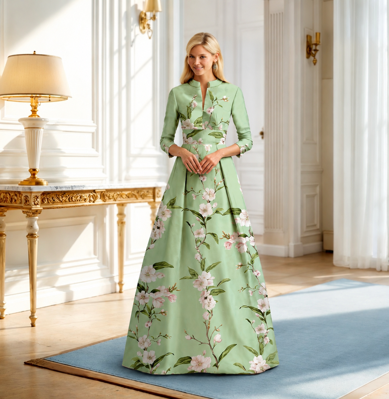Style AA-106 Primavera Dress – Luminous Green Floral Print with Sculpted Full Skirt