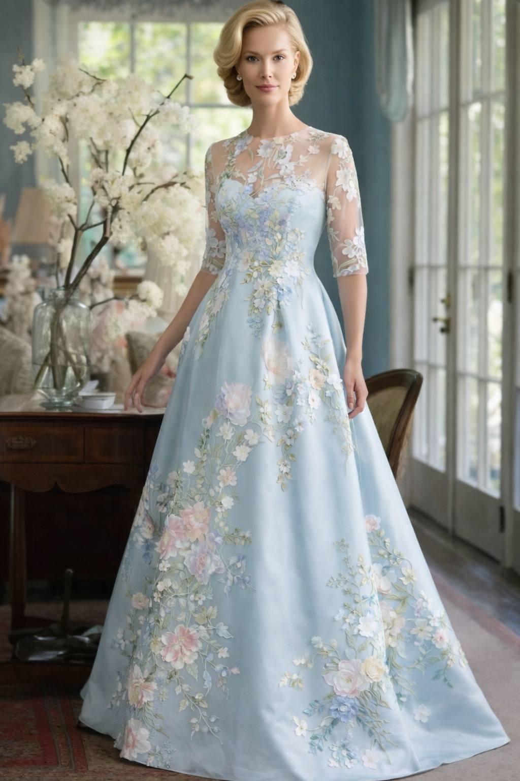 Spring 2026 mother of the bride dress with floral embroidery and sheer detailing