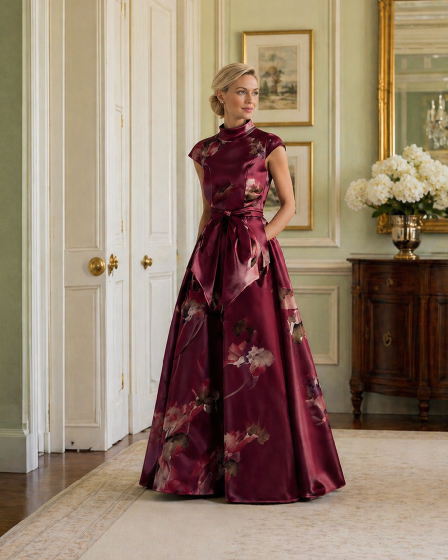 Burgundy Dress with Gold Relief